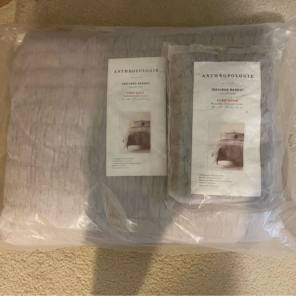 NEW! Anthropologie Textured Bardot Grey Twin Quilt w/ 2 Euro & 2 Standard Shams